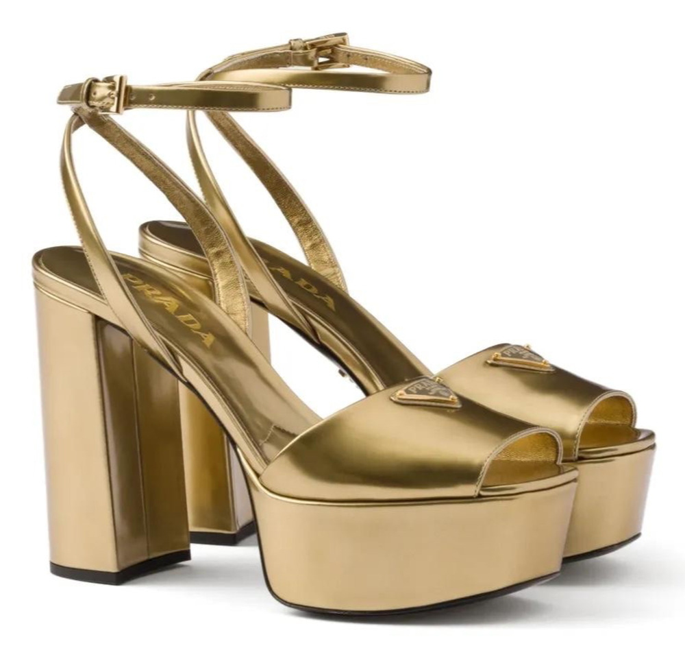 Prada 115mm Platino Gold Metallic Platform Sandal Ankle Strap Block Heel Pump 40